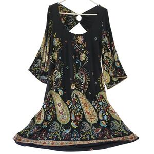Fashionista Black Paisley Print Dress Cutout‎ Back Long Sleeve Boho Chic Size 2